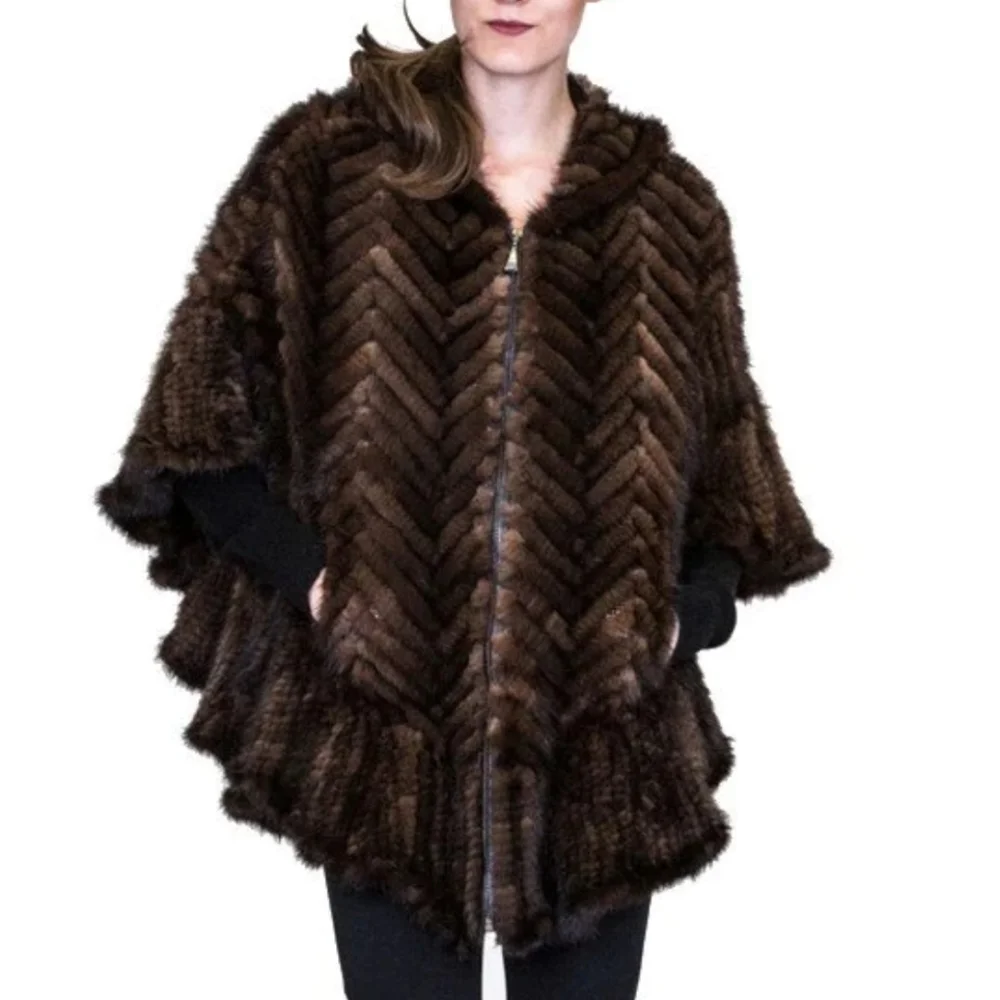 Belle Fare Knitted Mink Poncho Cape With Hood - Picture 3 of 13